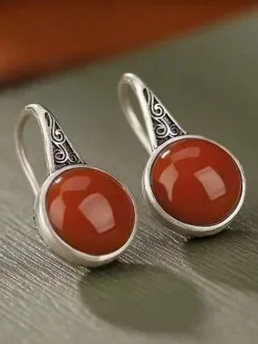 Anthropologie Silver Drop Earrings with Red Cabochon Stones